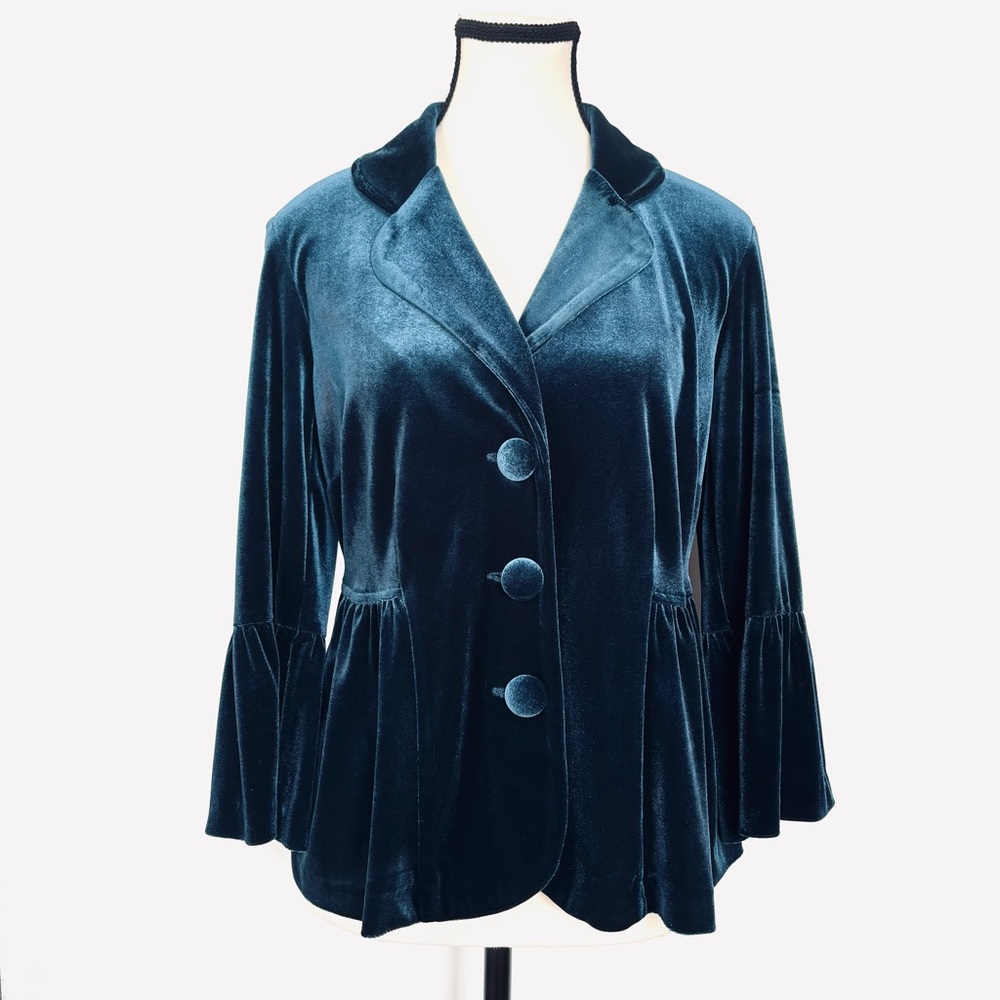 Vintage Teal Blue Velvet Regency 3/4 Bell Sleeve Pleated Peplum Boho Blazer S